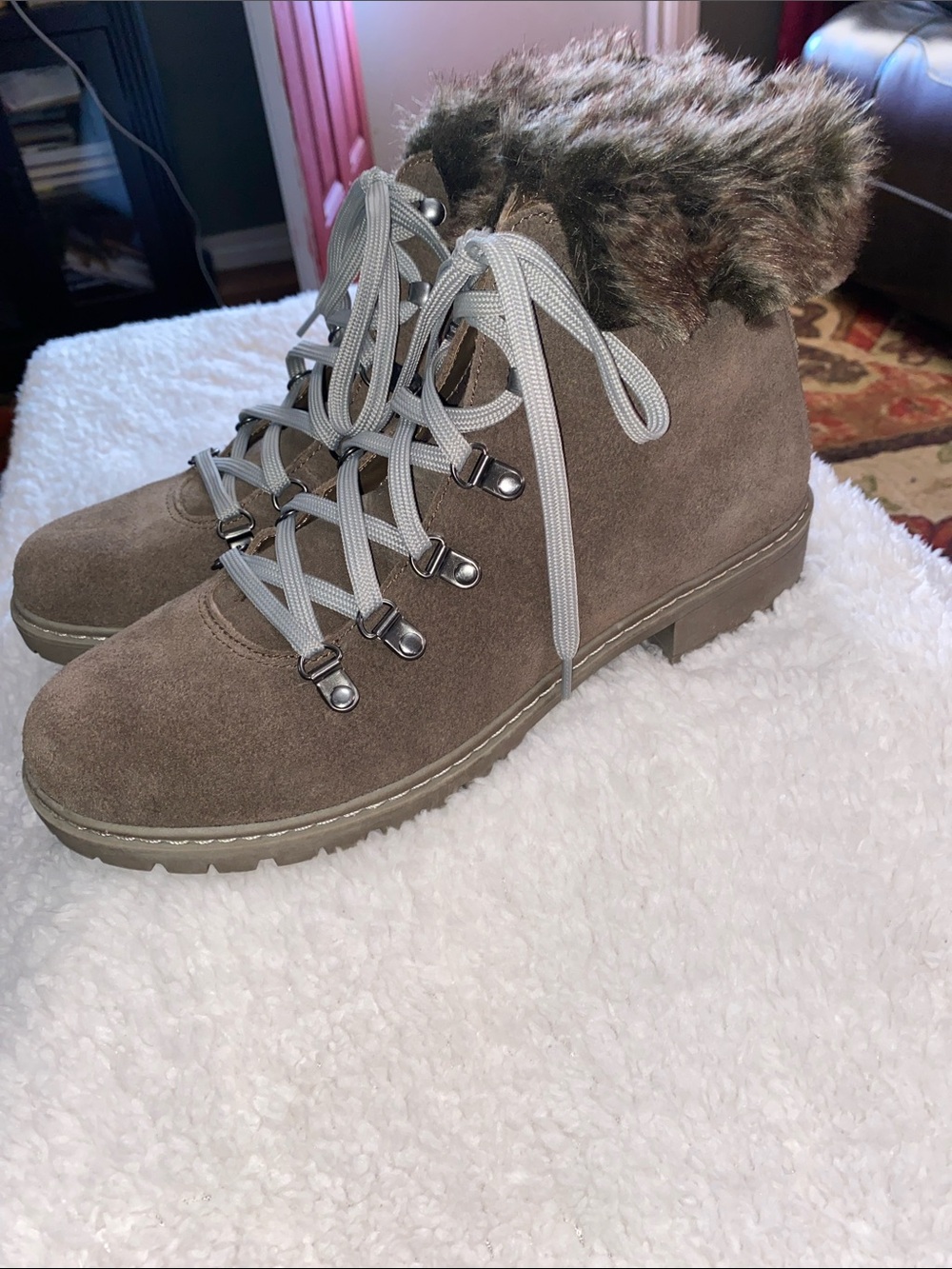 G.H. Bass & Co. Taupe Suede Faux-Fur Lace-Up Ankle Booties
